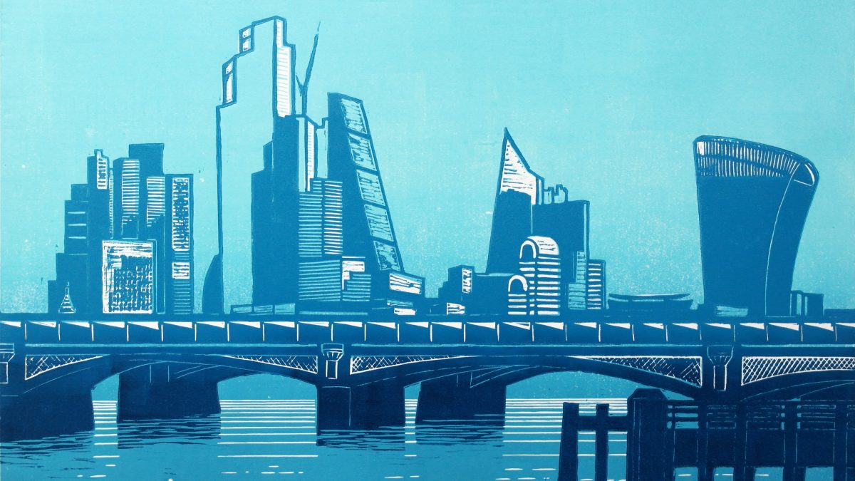 Linocut image of Blackfriars Bridge & skyline behind