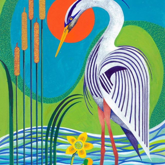 Heron with marsh marigold (Colin Barker)