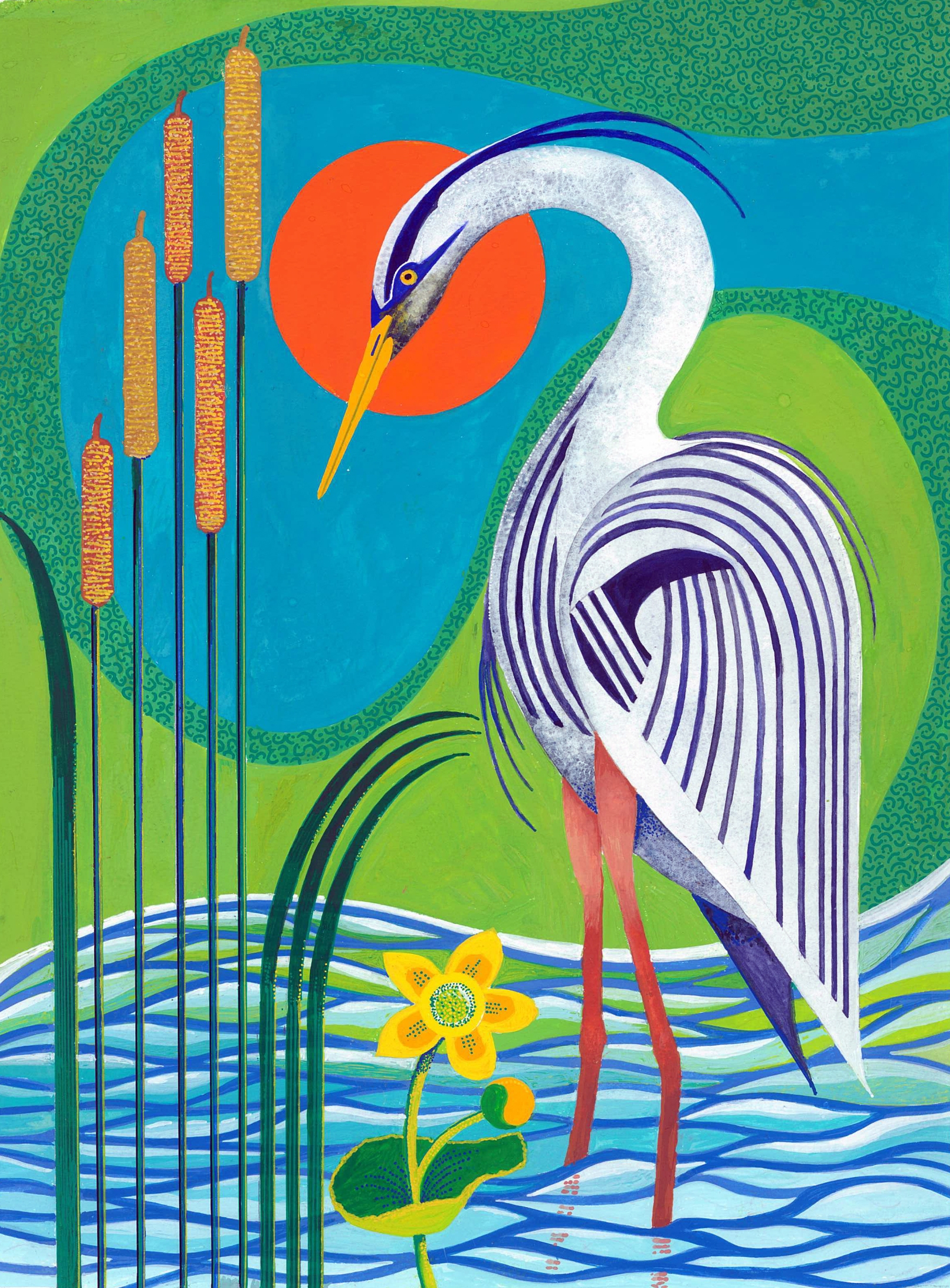 Heron with marsh marigold (Colin Barker)