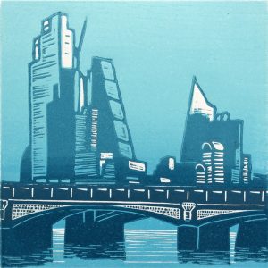 linocut showing Blackfriars Bridge with skycrapers behind it