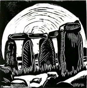 Linocut showing stonehenge with full moon behind