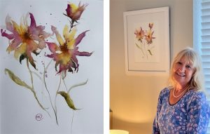 Two images - one showing a watercolor with three red & yellow flowers & the other a picture of the artist Helen Clarke with her picture