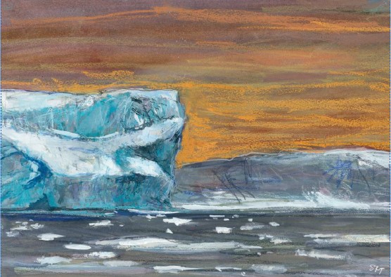 Picture of an iceberg in a grey sea with orange sky in the background