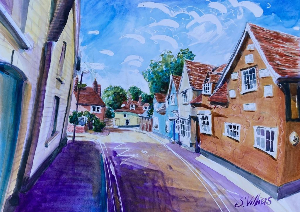 Watercolour of brightly coloured houses in Linton