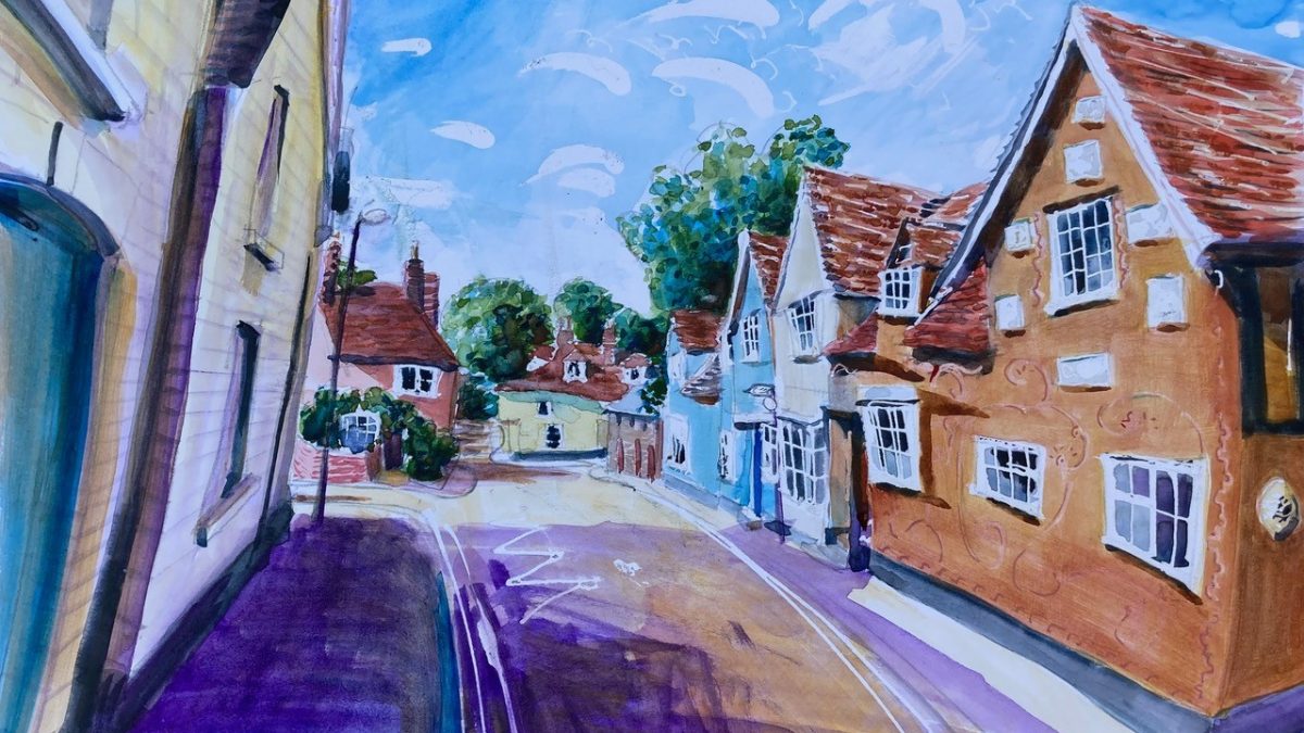 Watercolour of brightly coloured houses in Linton