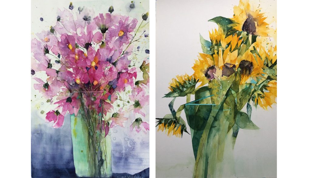 Two watercolours of a vase containing purple flowers and a vase containing sunflowers