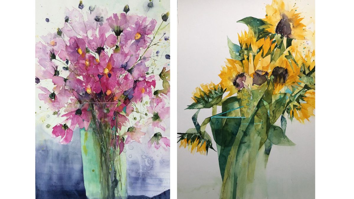 Two watercolours of a vase containing purple flowers and a vase containing sunflowers
