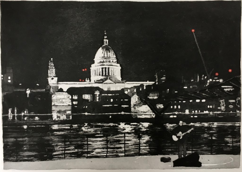 Bankside into the night (John Preston) aquatint