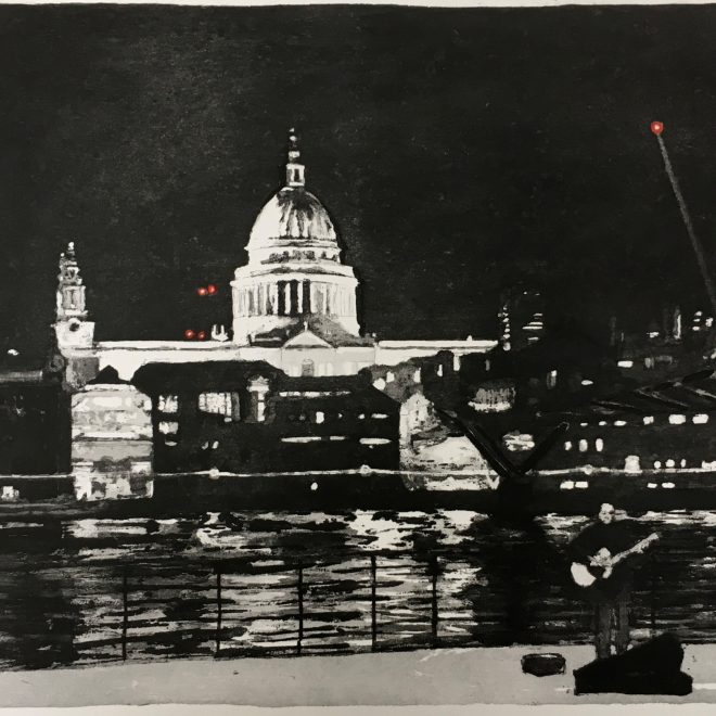 Bankside into the night (John Preston) aquatint