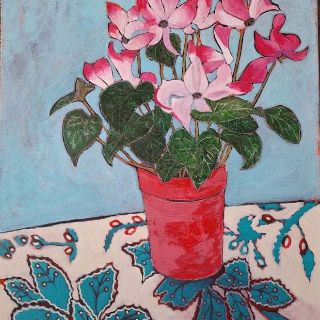 Cyclamen on embroidered fabric (Angela Cookney)