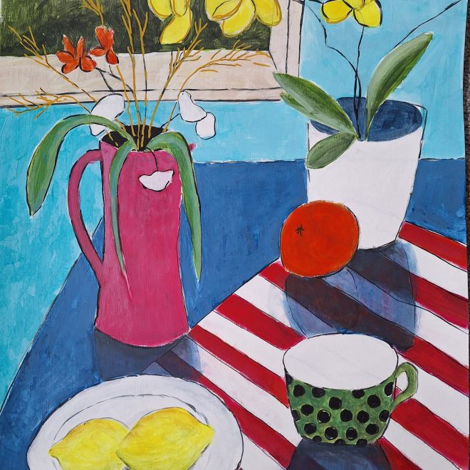 Still life on red and white cloth (Angela Cookney)