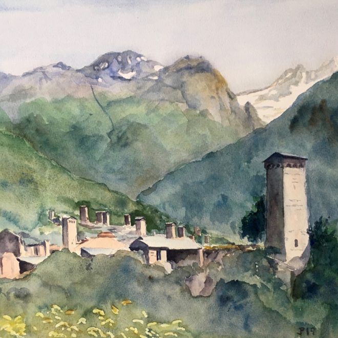 Svan towers, Mestia, Georgia (John Preston) watercolour